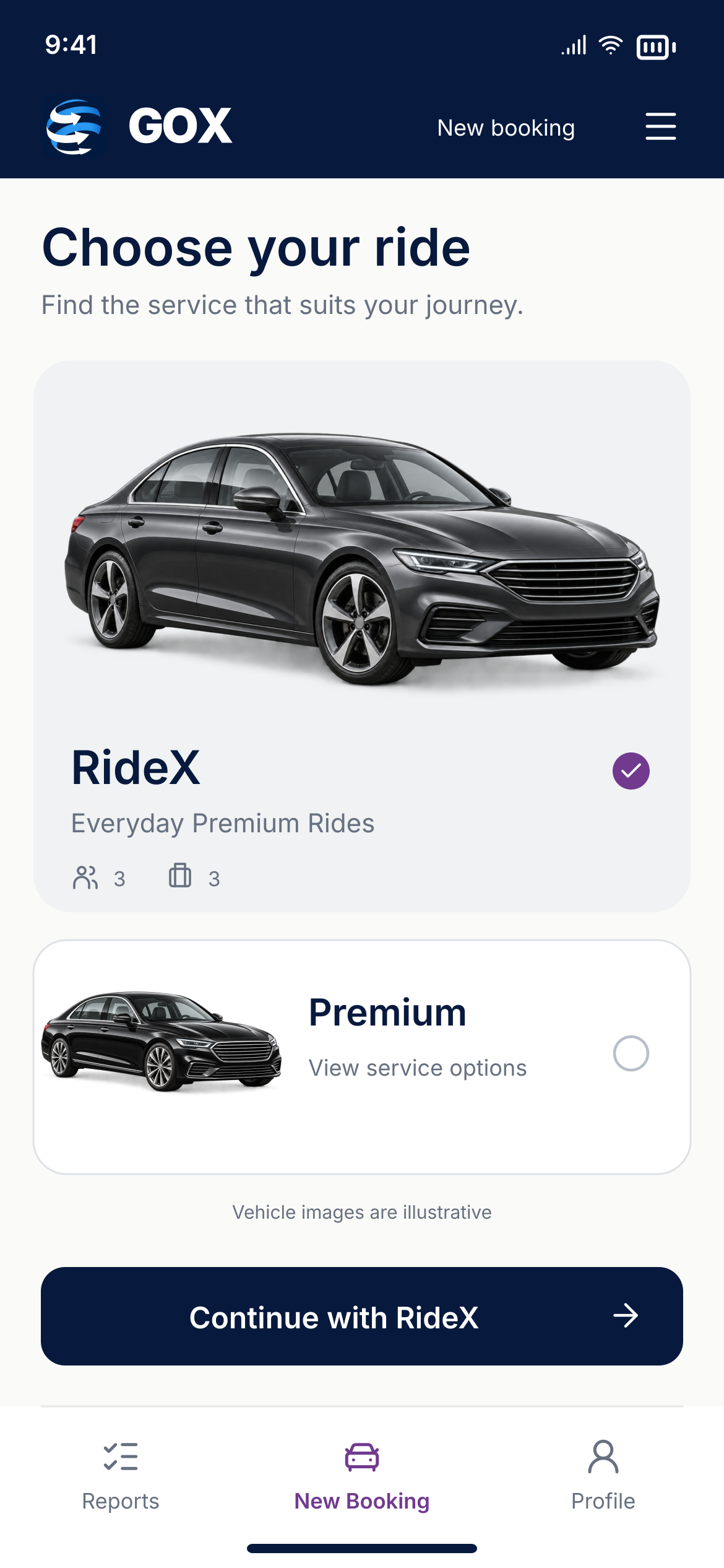 Illustrative GoX passenger booking screen