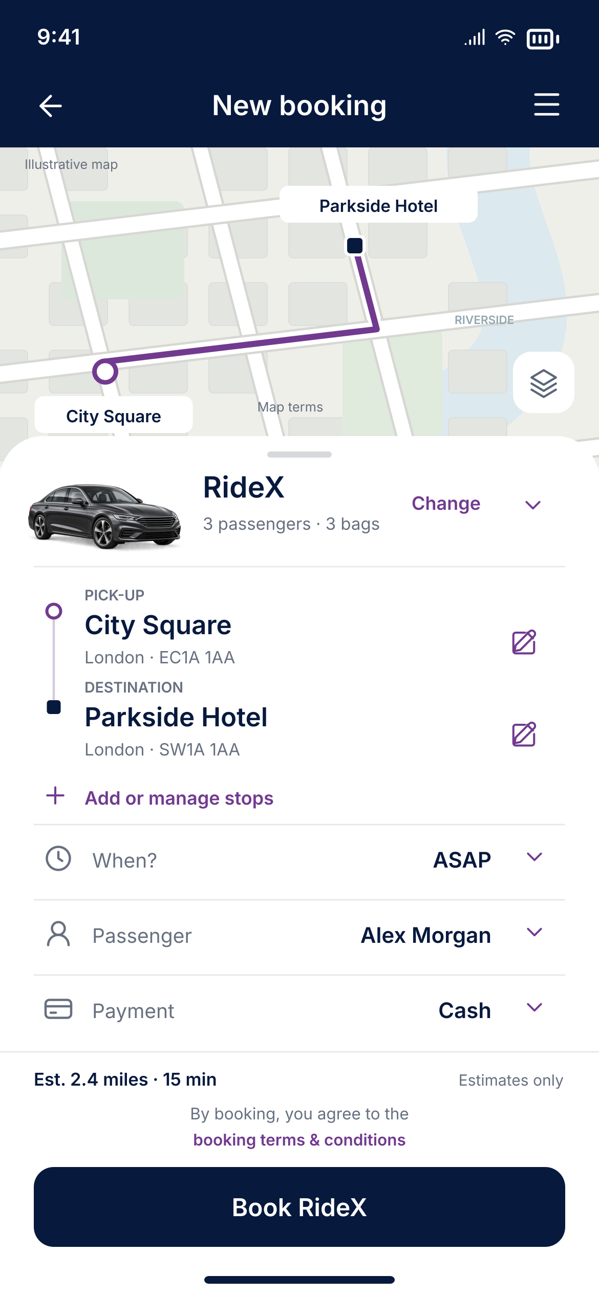 Gox rebranded screen example: book a journey