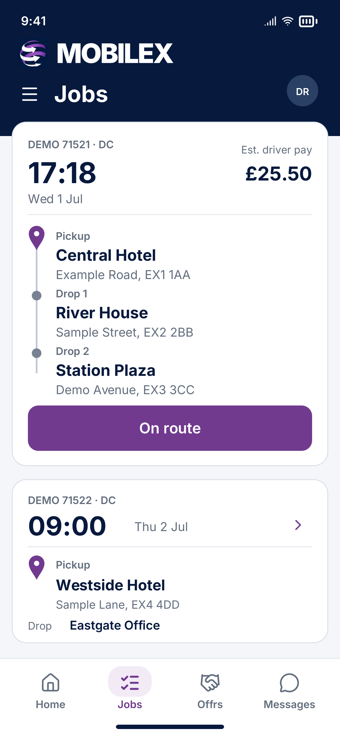 Illustrative MobileX driver jobs screen