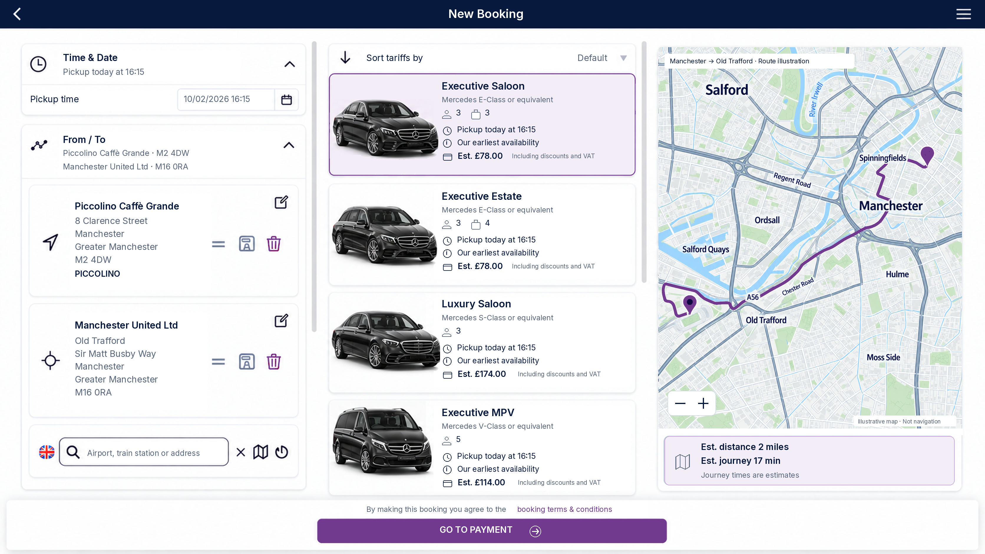 Freedom WebX premium booking interface with vehicle choices and route map